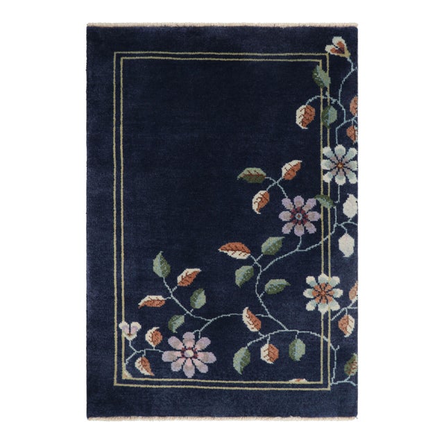 Rug & Kilim’s Chinese Art Deco Style Rug, Navy Blue Ground and Floral Patterns For Sale