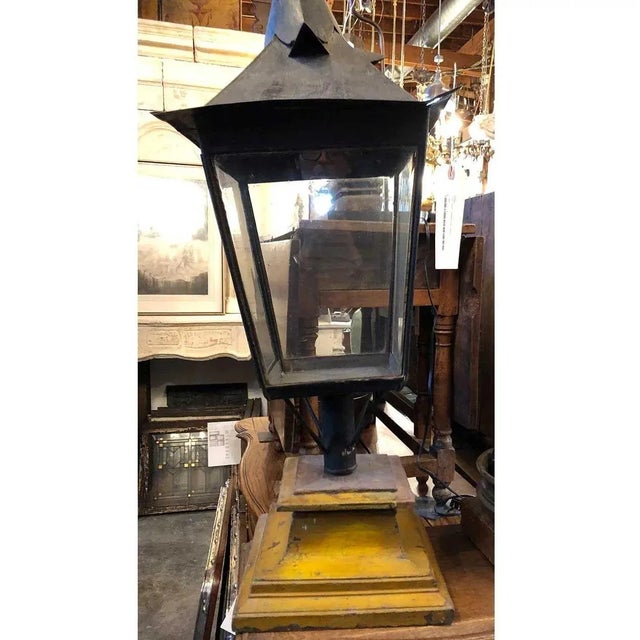 Black Late 19th Century English Black Toleware & Glass Post Lantern on Painted Teak Base For Sale - Image 8 of 10