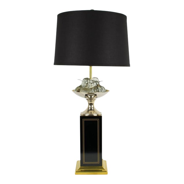 Maison Charles Black Enamel and Crystal Fruits Table Lamp , France Circa 1960 For Sale