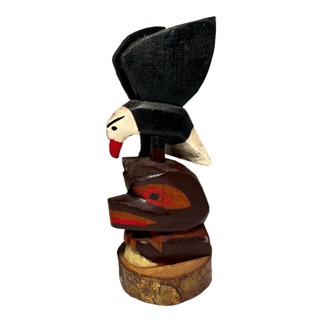 1962 Vintage Eagle and Bear Hand Carved Wooden Totem Pole 6.5" For Sale
