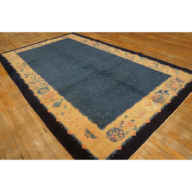 Textile 1920s Blue Ground Geometric Antique Chinese Peking Rug 6'10" X11'8" Wool Carpet For Sale - Image 7 of 11