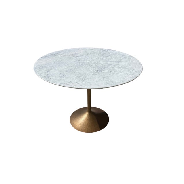 Rh Aero Stone Round Dining Table | Italian Carrara Marble Top, Antique Brass Base | Open Box For Sale - Image 10 of 15