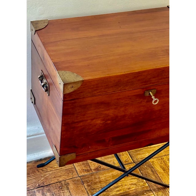 Coffee Campaign Style Lift-Top Writing Chest on Folding Iron Stand | Mid-Century British Colonial For Sale - Image 8 of 12