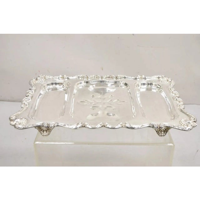 Vintage English Silver Mfg Co Victorian Style Silver Plated Meat Cutlery Serving Platter Tray Raised on Ornate Feet. Circa...