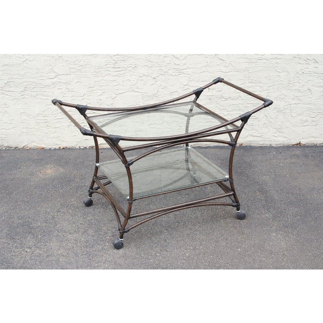 Metal Contemporary Faux Rattan Rolling Bar Cart For Sale - Image 7 of 12