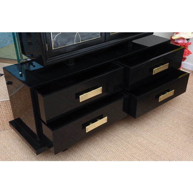 Vintage Rare Grosfeld House Modernist Black Lacquered Over Wood, Brass and Glass Cabinet, 1940's For Sale - Image 11 of 13