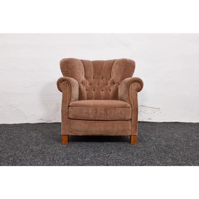 Wood Vintage Danish Model 1518 Lounge Chair in Sand Beige Mohair Velvet from Fritz Hansen, 1940s For Sale - Image 7 of 18