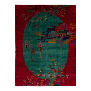 Green and Red Antique Art Deco Handmade Floral Chinese Wool Rug For Sale