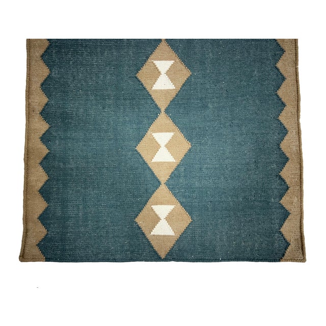 Handmade New Zealand Wool Dhurrie Runner, Turquoise Blue, Cream and Beige Diamond Runner Rug - 3'x20' For Sale - Image 6 of 15