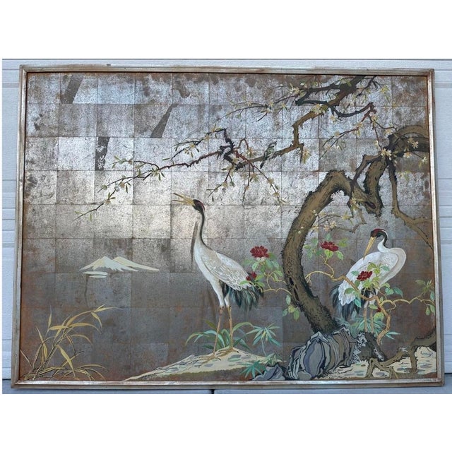 1920s Large Japanese Chinoiserie Crane Painting on Wood Panel W/ Silver, Gold, & Copper Leaf — Art Deco Framed For Sale - Image 16 of 18