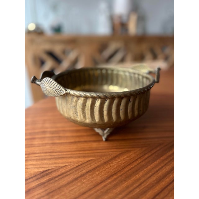 Metal 1970s Vintage Brass Bowl or Cachepot With Botanical Handles For Sale - Image 7 of 9