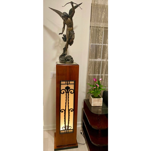 Brown 1940s Art Deco Mahogany Lighted Column, French Rod Iron Frosted Glass and Mahogany Wood Lighted Pedestal For Sale - Image 8 of 12