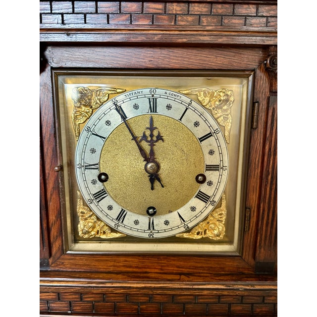 Brown Antique Tiffany & Co. Architectural Oak Bracket Clock | English Case, German 5-Gong Movement | Circa 1900 For Sale - Image 8 of 18