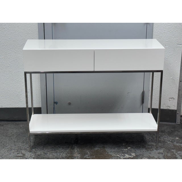 2010s West Elm White Lacquer Console Table + Storage For Sale - Image 5 of 12