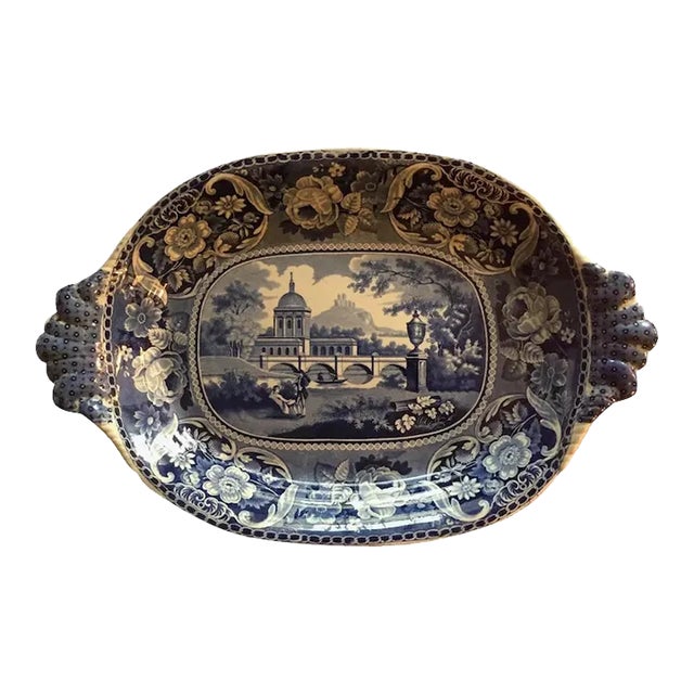 Large Antique Early 19th Century Georgian Staffordshire Pearlware Blue Platter For Sale