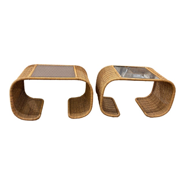 Pair 1970s Wicker-Wrapped Metal Waterfall End Tables With Original Glass For Sale