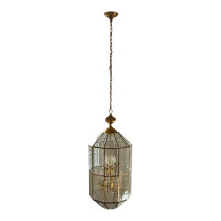 Oversized Brass & Beveled Glass Lantern Foyer Chandelier, C. 2003 For Sale