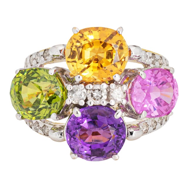 Mid 20th Century Rainbow Gemstone Diamond Ring Estate 14k Yellow Gold Multi Cocktail Ring Sz 5.5 For Sale