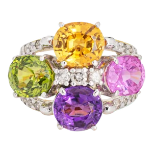 Mid 20th Century Rainbow Gemstone Diamond Ring Estate 14k Yellow Gold Multi Cocktail Ring Sz 5.5