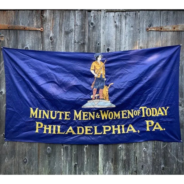Blue Rare 1940s American Minute Men Chainstitch Revolutionary Flag Banner Bicentennial For Sale - Image 8 of 8