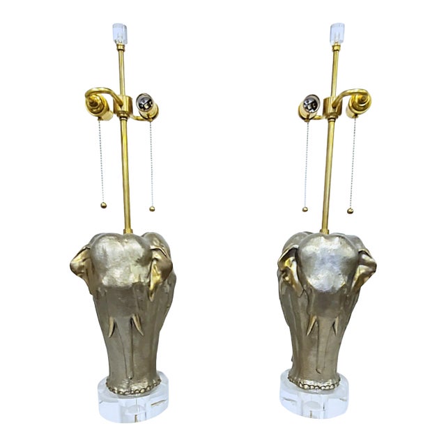 Mid-Century Silver Metallic Elephant Tri-Faced Lamps on Lucite Bases - a Pair For Sale