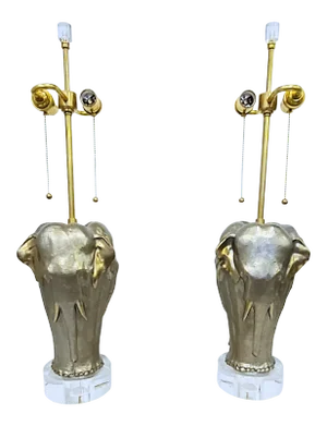 Mid-Century Silver Metallic Elephant Tri-Faced Lamps on Lucite Bases - a Pair