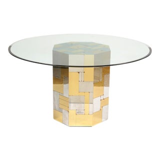 Signed Paul Evans 1970s Cityscape Patchwork Chrome and Brass Octagonal Breakfast Dining Table For Sale