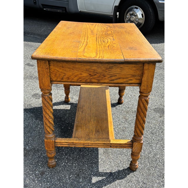 19th C. Tiger Oak One-Drawer Library Table - Twist Legs + Highly Detailed For Sale - Image 13 of 17