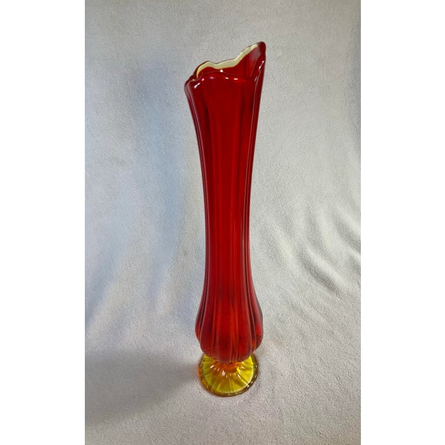 1960s Vintage Mid Century Modern Orange and Yellow 19” Tall Swung Glass Vase For Sale - Image 5 of 12
