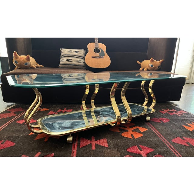 1970s Brass and Glass Coffee Table Hollywood Regency Glam For Sale - Image 5 of 13
