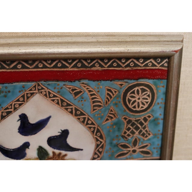 Red Awret Original Painted Ceramic Relief Tile Depicting Woman With Basket of Fruit, Signed and Framed For Sale - Image 8 of 17