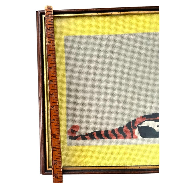 Yellow Large 1972 Framed Princeton Tiger Needlepoint on Gray Field With Yellow Border Initialed by Maker For Sale - Image 8 of 8