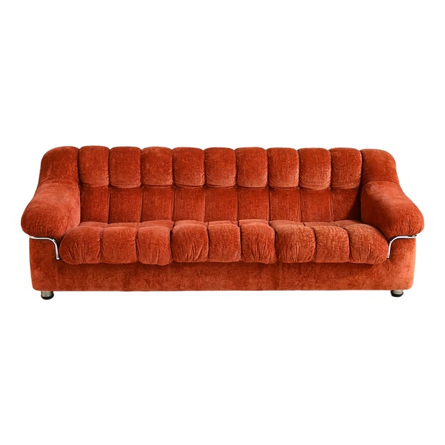 Vintage Rust-Colored Velvet Sofa with Metal Details, 1970s For Sale