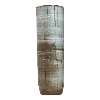 Vintage Studio Crafted Blueish Grey Abstract Stoneware Cylindrical Vase, Signed For Sale