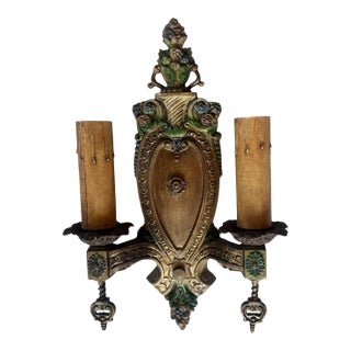 1910s Original Old Painted Wall Sconce With Flower Baskets Leaves and Berries For Sale