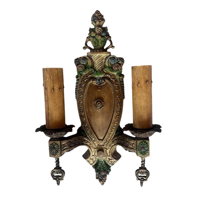 1910s Original Old Painted Wall Sconce With Flower Baskets Leaves and Berries For Sale