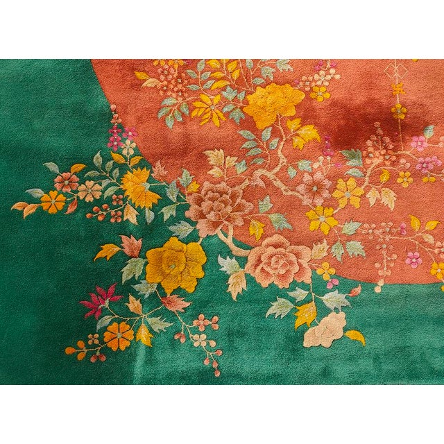 1920s Orange Open Field Floral Modern Antique Chinese Art Deco Knotted Wool Rug For Sale - Image 9 of 11