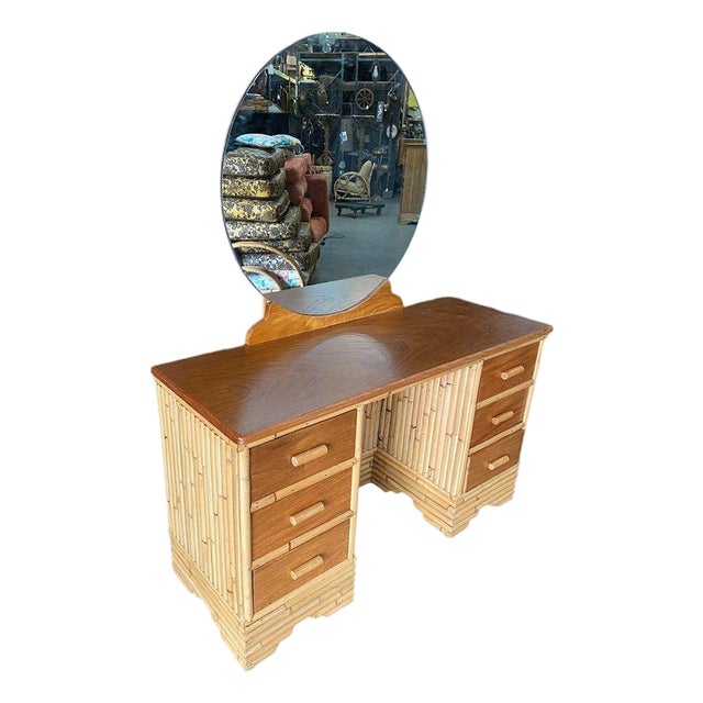 1940s Restored Early Mid-Century Stacked Rattan & Mahogany Vanity W/ Round Mirror For Sale