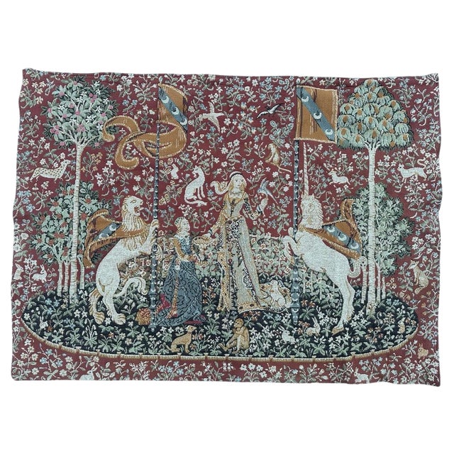 Vintage French Aubusson Style Lady and Licorn Jacquard Tapestry, 1970s For Sale