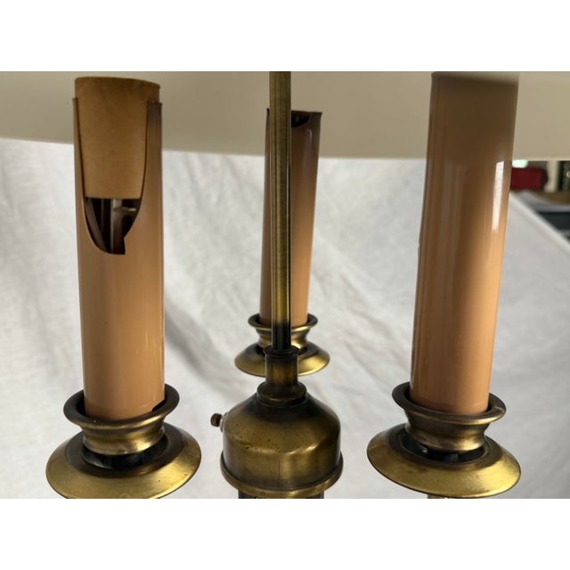 1960s French Neoclassical 3-Arm Brass Bouillotte Table Lamp With Pierced Tole Shade For Sale - Image 10 of 12