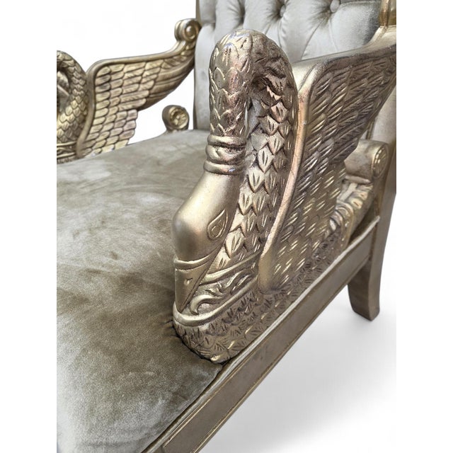 Vintage Neoclassical Empire Swan Arm Giltwood Lounge Chairs Newly Reupholstered - Pair For Sale In Chicago - Image 6 of 8
