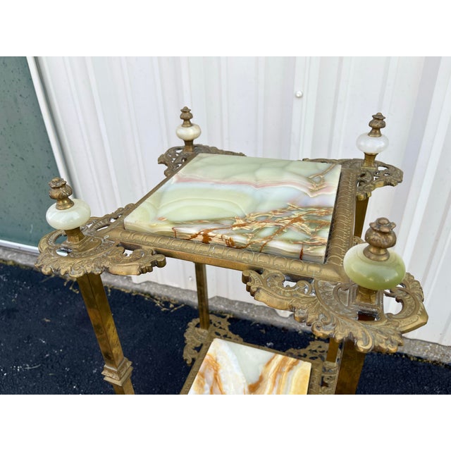 Brass Mid 20th Century Art Nouveau Two-Tier Onyx and Brass Planter Stand For Sale - Image 8 of 12