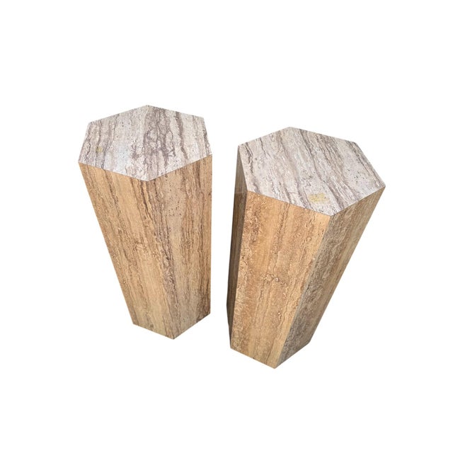 Postmodern Faux Travertine Laminate Pedestal Constructed out of faux travertine laminate over a pressed board frame. These...