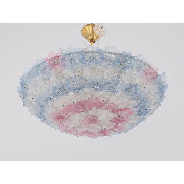 Barovier e Toso 1950s Murano Glass Floral Barovier & Toso Blue Clear Pink Flower Basket Chandelier For Sale - Image 4 of 12