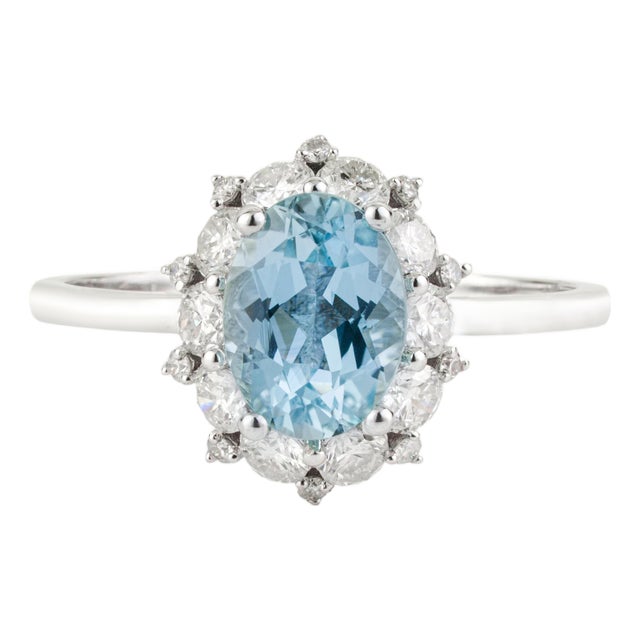 1.38ct Aquamarine & Diamond Vintage Statement Ring in 14k White Gold Size 5.5 For Sale