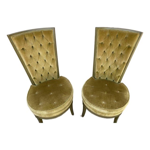 Pair of Vintage Lewittes Hollywood Regency Tufted Citrus Velvet High-Back Dining Chairs For Sale