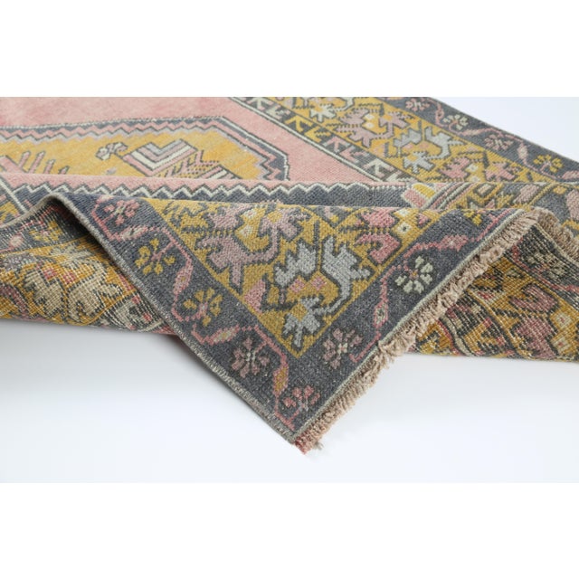 Vintage Turkish Konya Rug – Hand-Knotted Wool in Blush Rose, Mustard Gold & Charcoal - 3' 8'' X 5' 9'' For Sale - Image 4 of 10