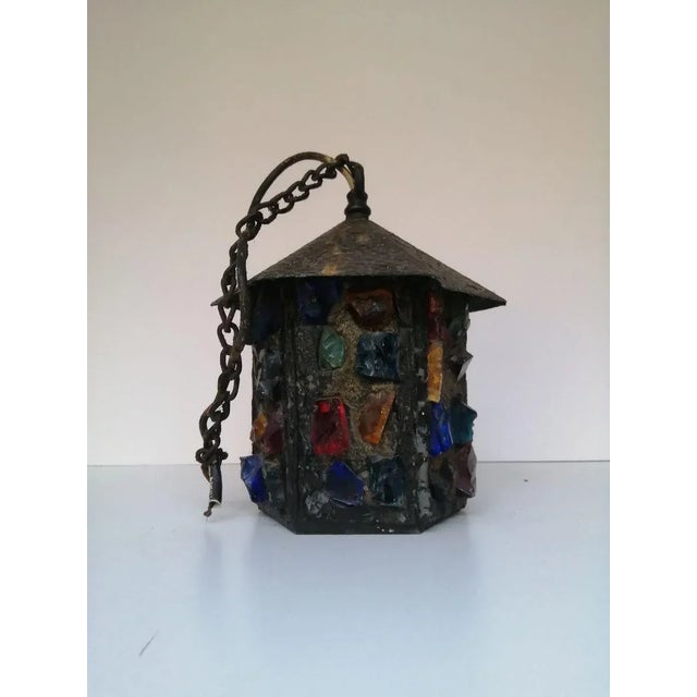 English Arts & Crafts Glass, Lead & Hammered Sheet Metal Porch Lantern by Peter Marsh, 1950s For Sale - Image 10 of 18