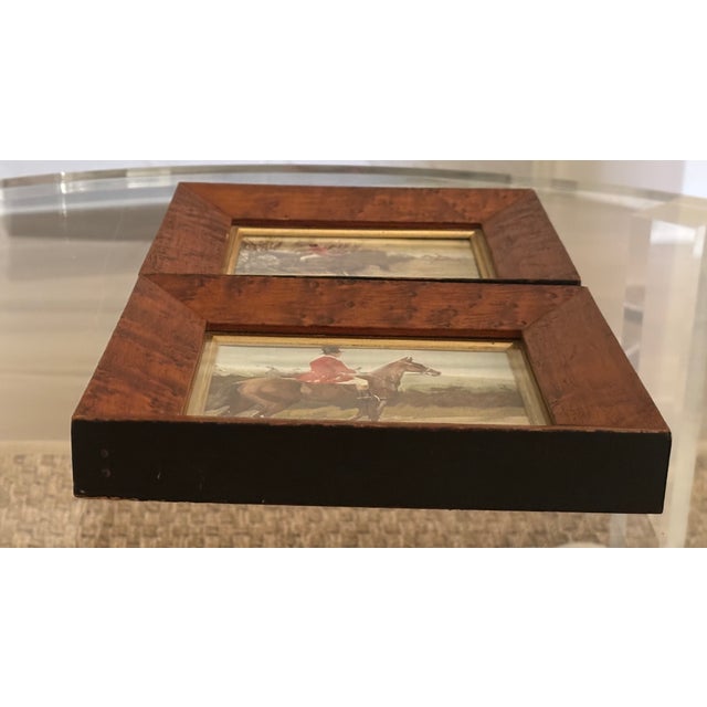 English Fox Hunt Sporting Pictures in Antique Bird's Eye Maple Wood Frames - A Pair For Sale In Little Rock - Image 6 of 18