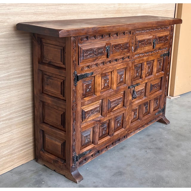 1900 - 1909 19th Spanish Baroque Carved Walnut Tuscan Two Drawer Credenza or Buffet For Sale - Image 5 of 9